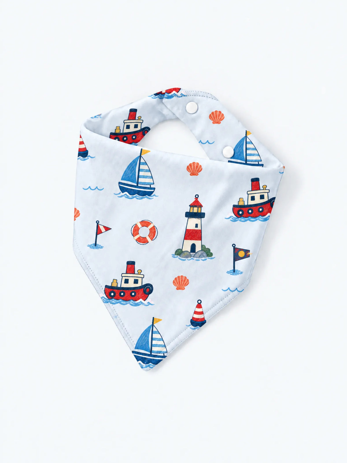 MossiBaby Sail Away baby bandana bib product view featuring sailboats and nautical details inspired by days on the water