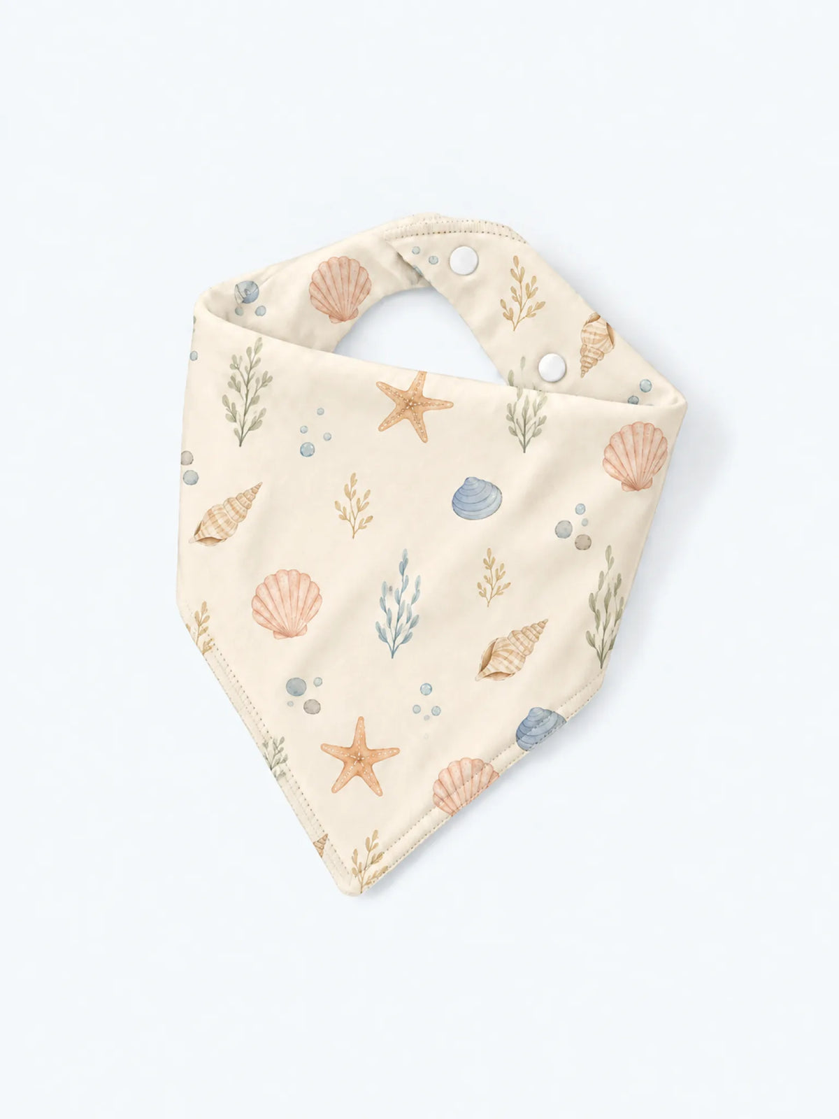 MossiBaby Seaside Treasures baby bandana bib product view featuring whales, turtles, crabs, anchors, shells and lighthouse details