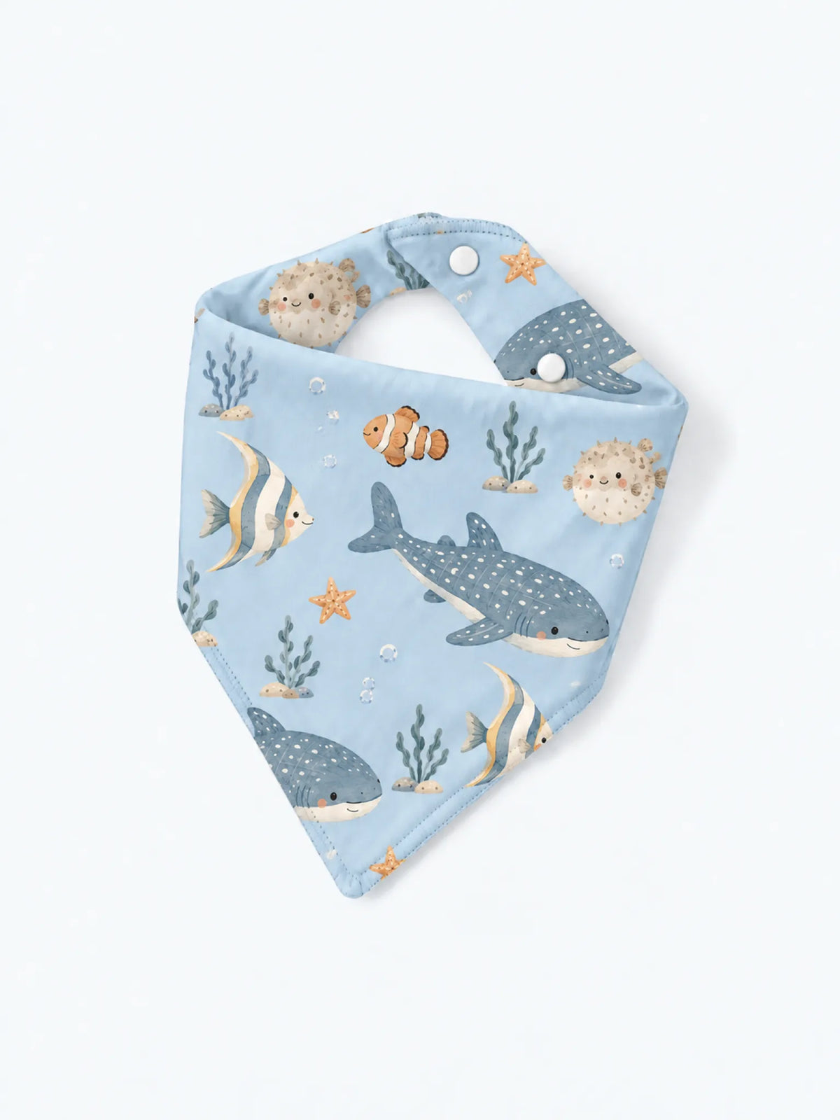 MossiBaby Shark Cove baby bandana bib product view featuring friendly sharks and lively ocean-inspired accents