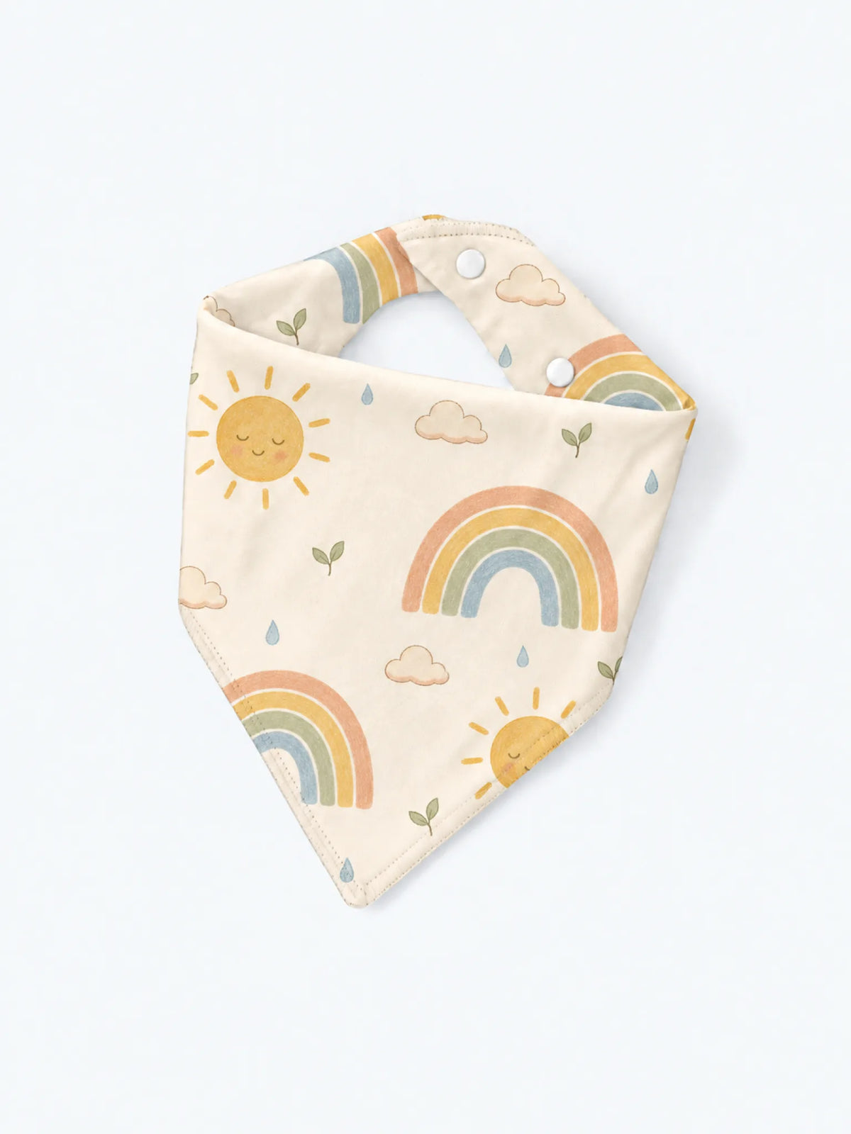 MossiBaby Sunny Skies baby bandana bib product view featuring sunshine, clouds and cheerful sky-inspired motifs