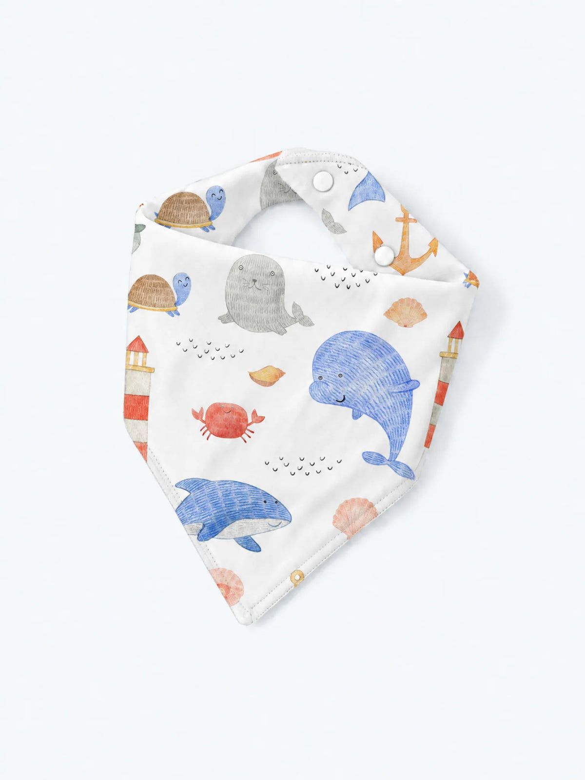 MossiBaby Whale Harbor baby bandana bib product view featuring whales, anchors and colorful harbor-inspired sea life