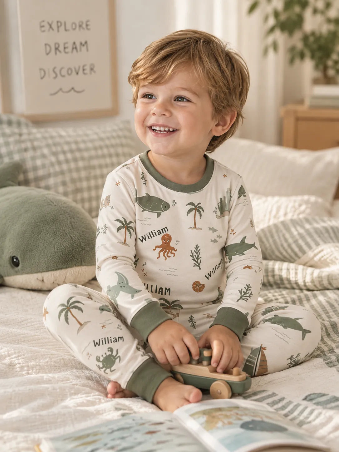children wearing custom long sleeve pajama at home