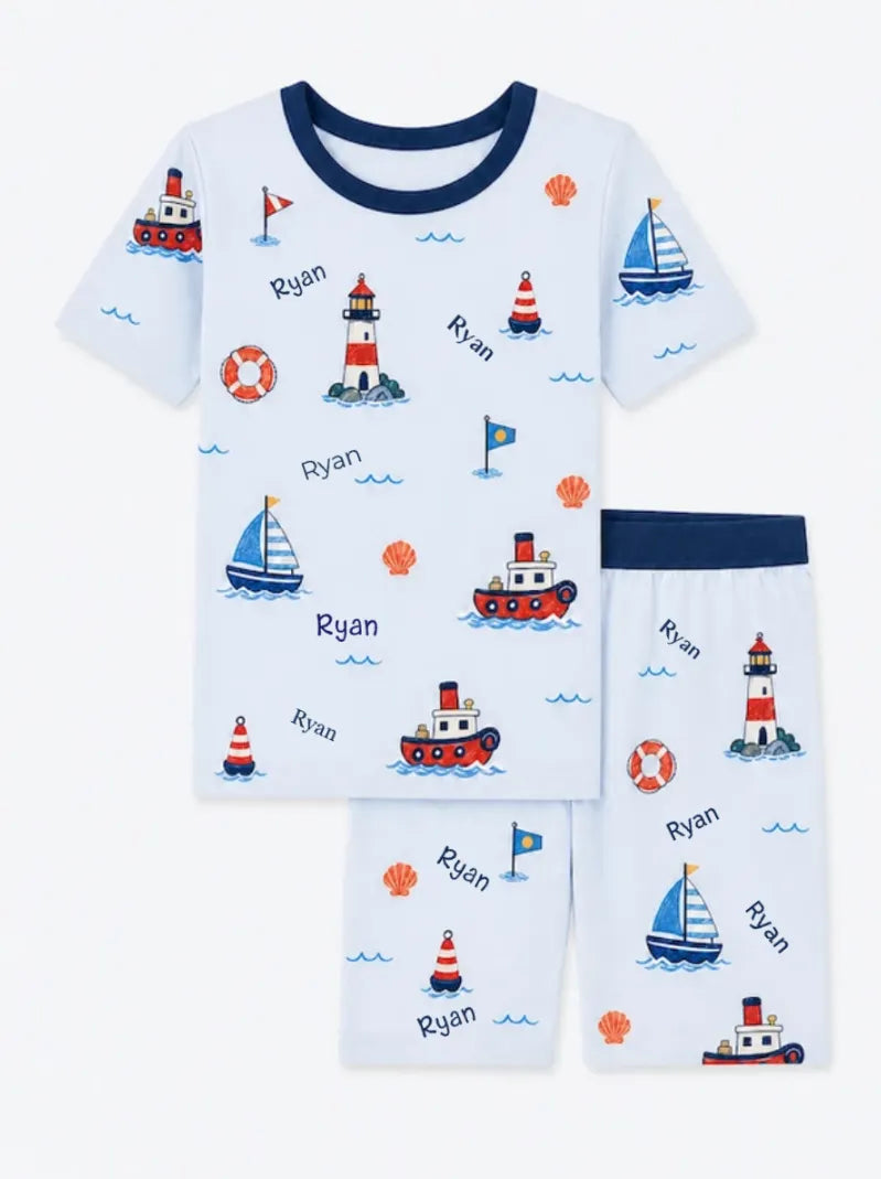 Personalized Sail Away short sleeve kids pajama set with custom name