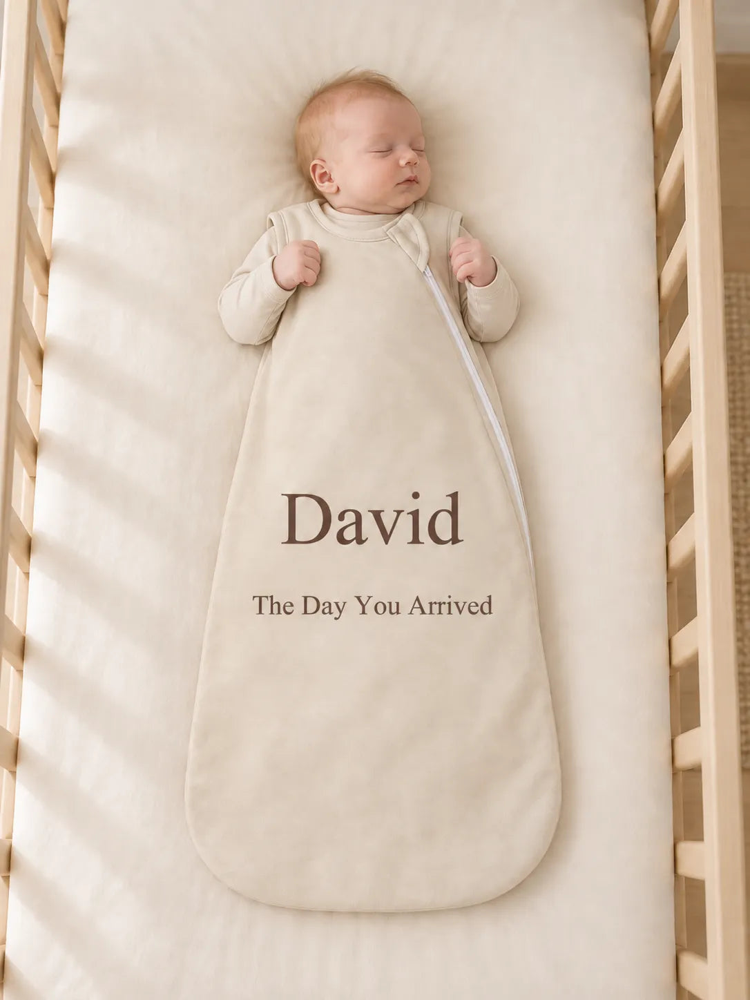 Baby in personalized sleep bag