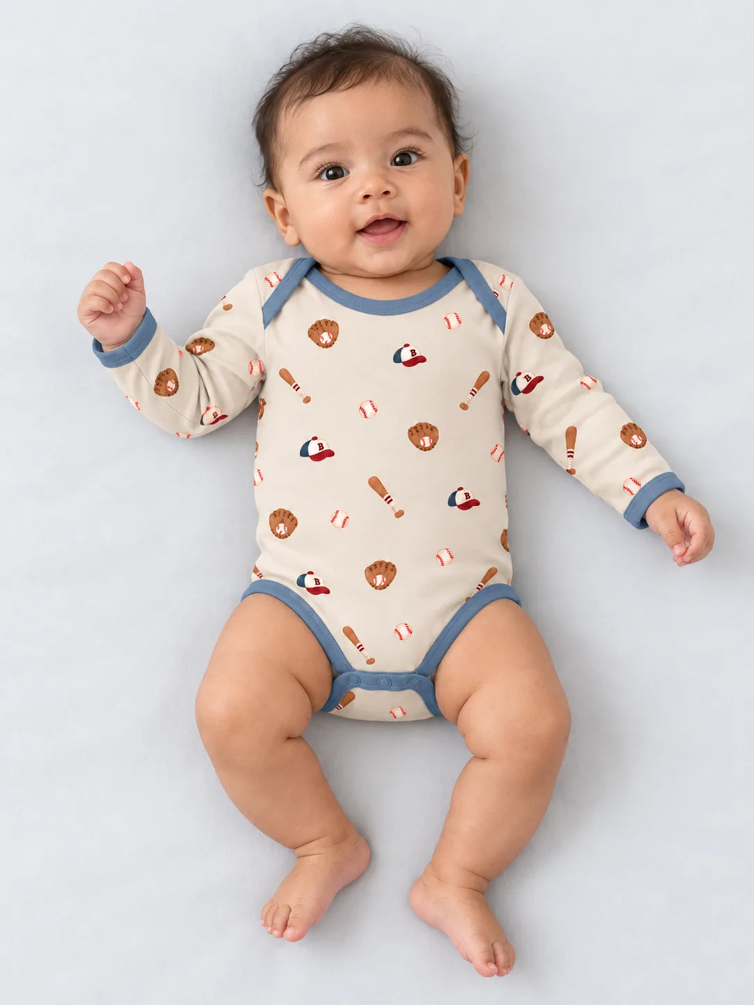 Baby wearing Little Sluggers oatmeal grey bamboo long sleeve bodysuit in a studio
