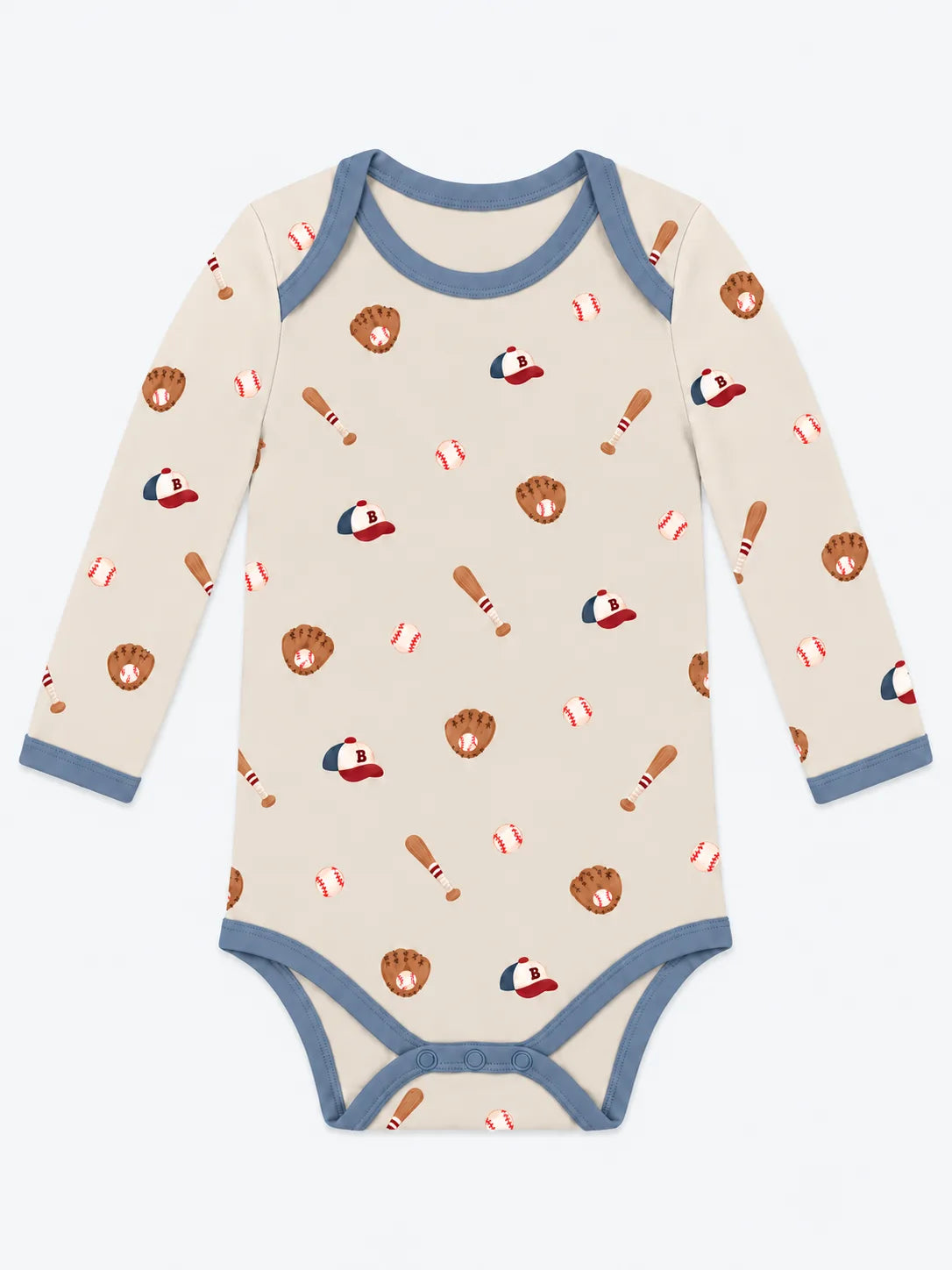 Mossibaby Little Sluggers oatmeal grey bamboo long sleeve baby bodysuit with baseball print