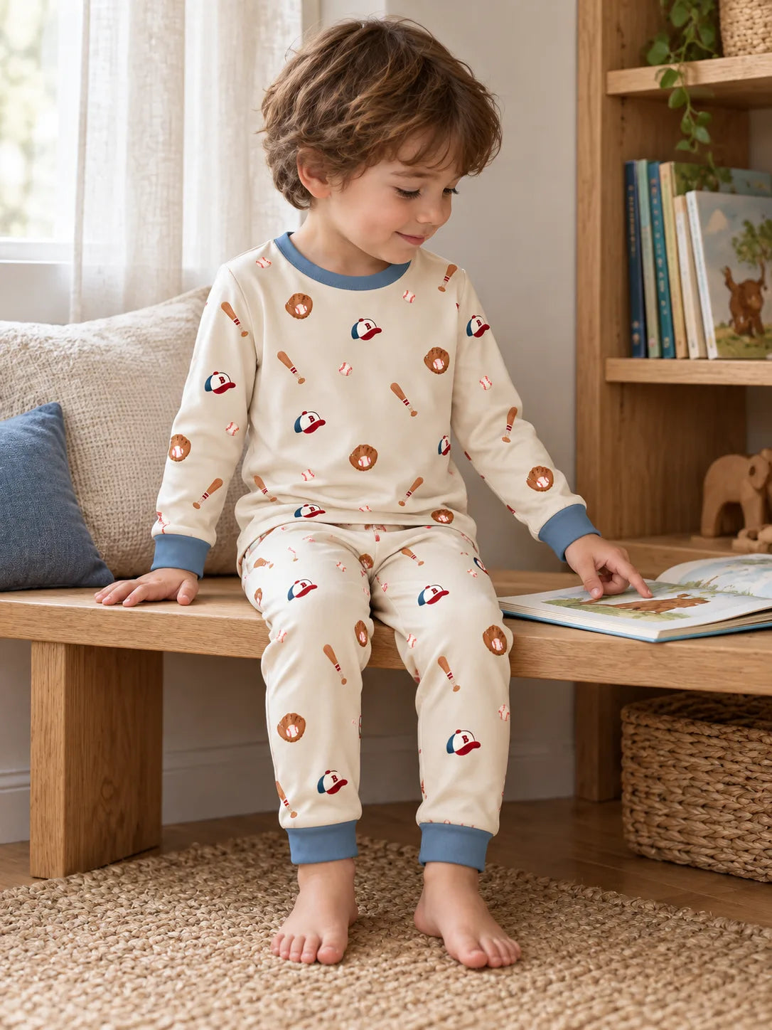 Toddler enjoying a cozy evening in Little Sluggers oatmeal grey bamboo pajamas