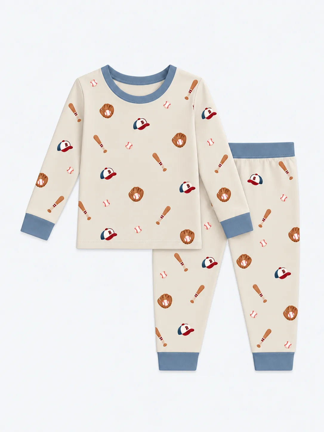 Mossibaby Little Sluggers oatmeal grey bamboo long sleeve pajama set with baseball print