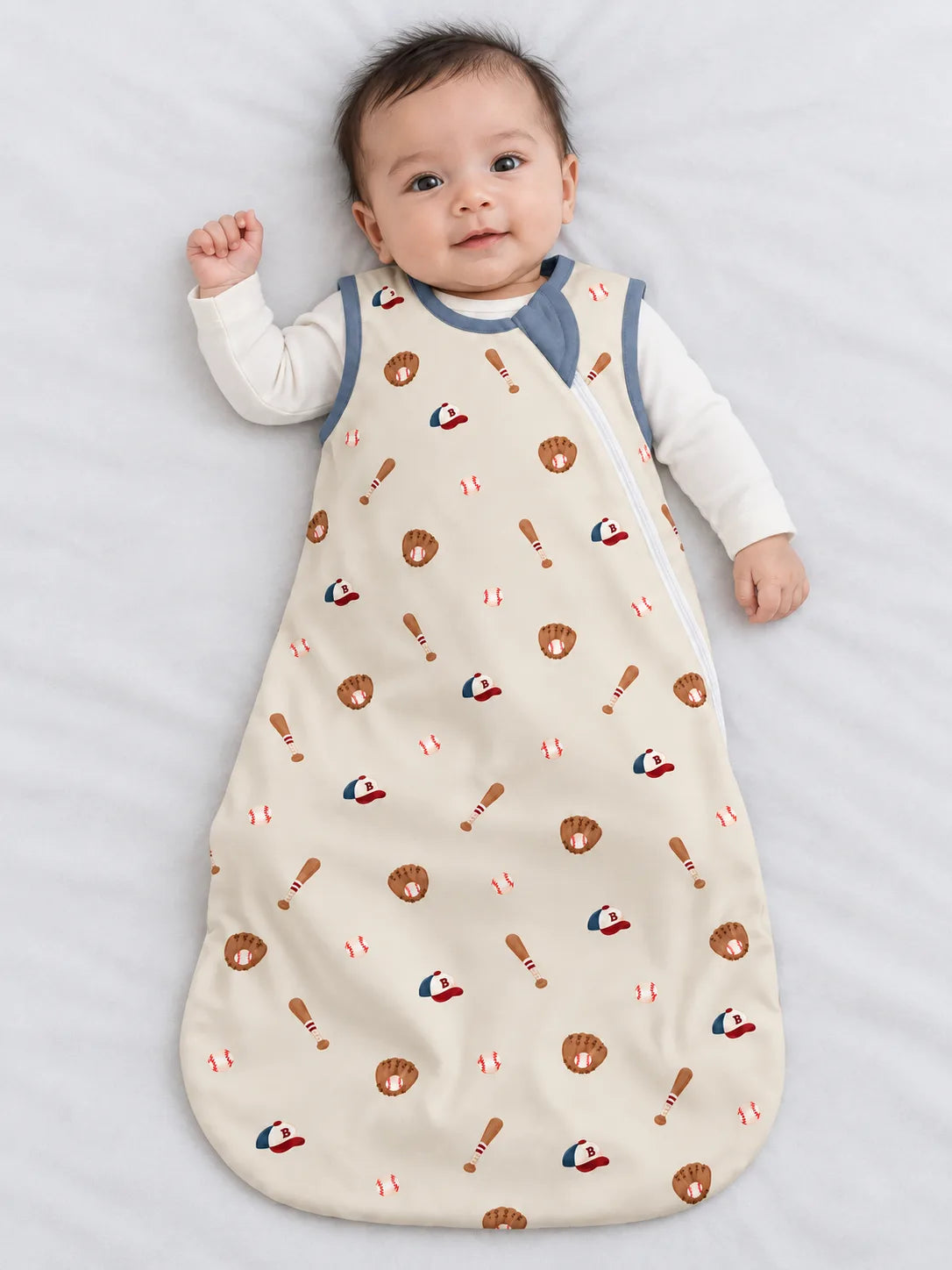 Baby wearing Little Sluggers oatmeal grey bamboo sleep sack in a studio