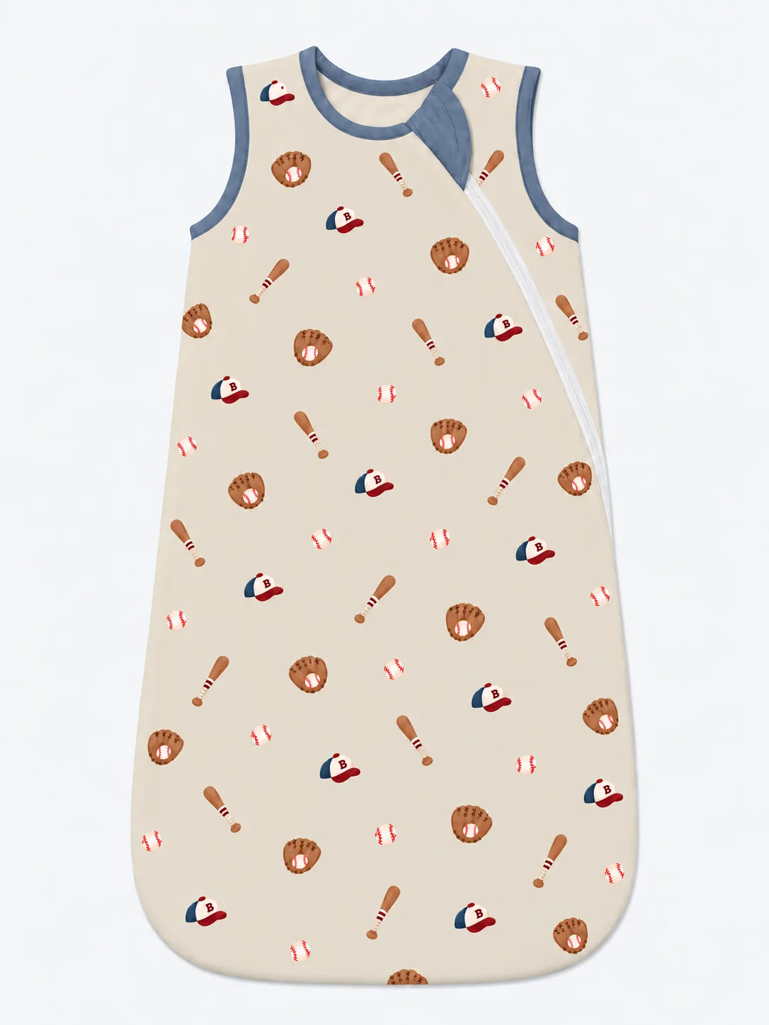 Mossibaby Little Sluggers oatmeal grey bamboo baby sleep sack with playful baseball print