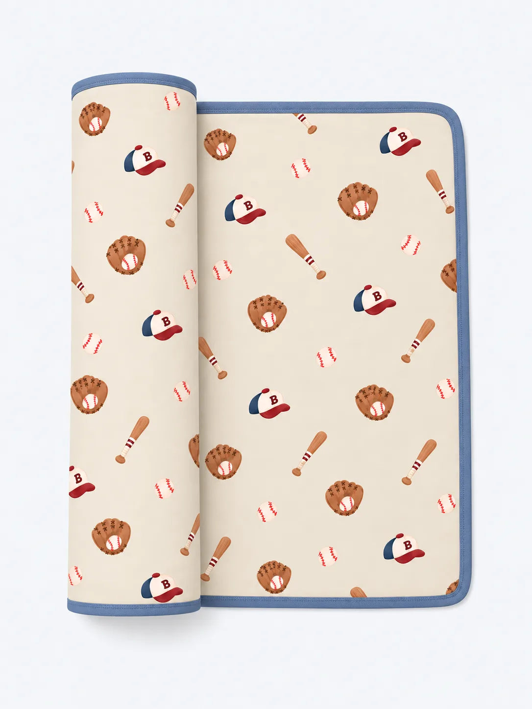 Mossibaby Little Sluggers oatmeal grey bamboo baby blanket with playful baseball print