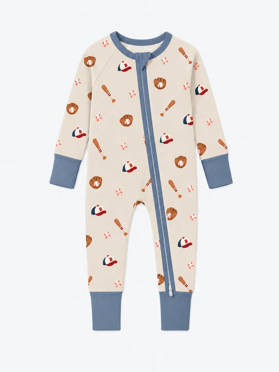 Mossibaby Little Sluggers oatmeal grey bamboo zipper romper with playful baseball print
