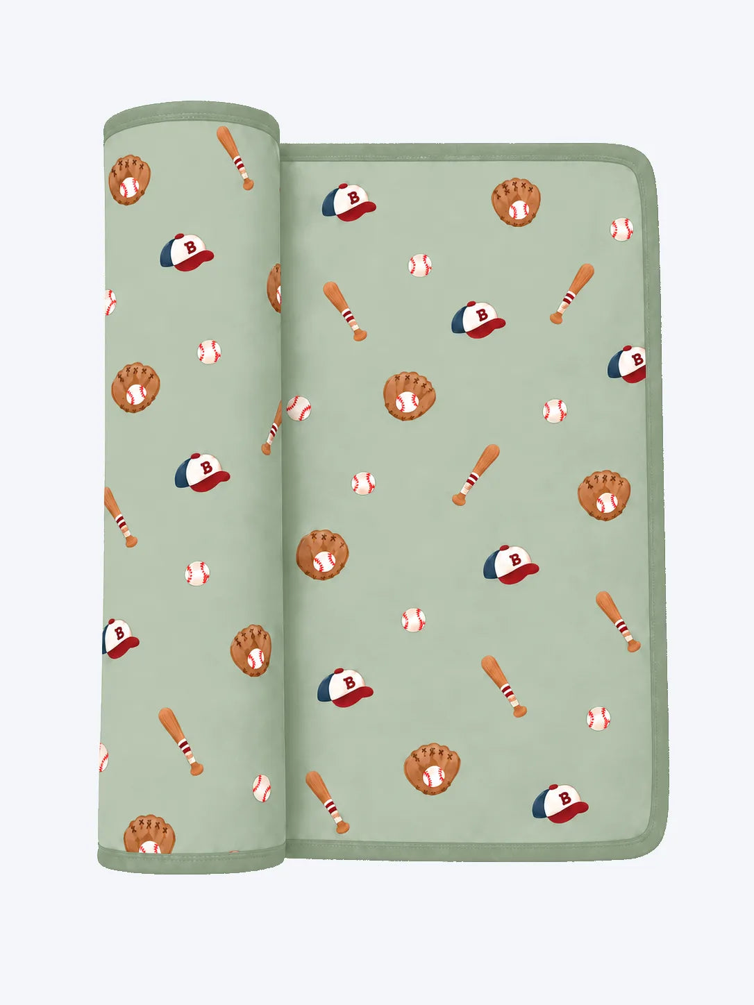 Mossibaby Little Sluggers sage green bamboo baby blanket with playful baseball print