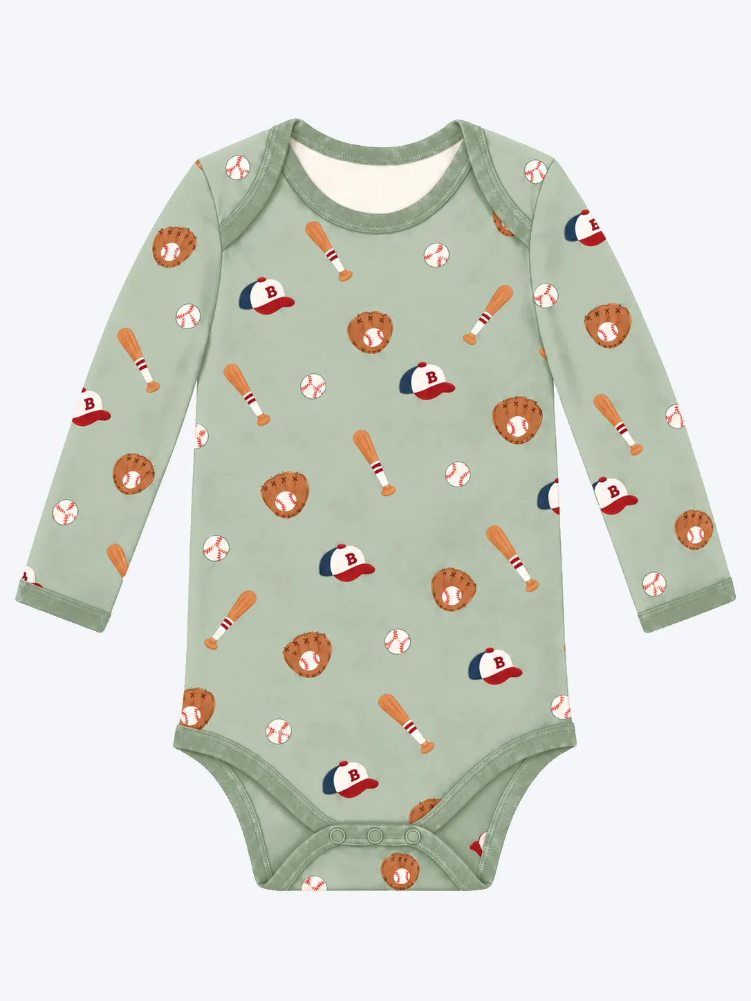 Mossibaby Little Sluggers sage green bamboo long sleeve baby bodysuit with baseball print