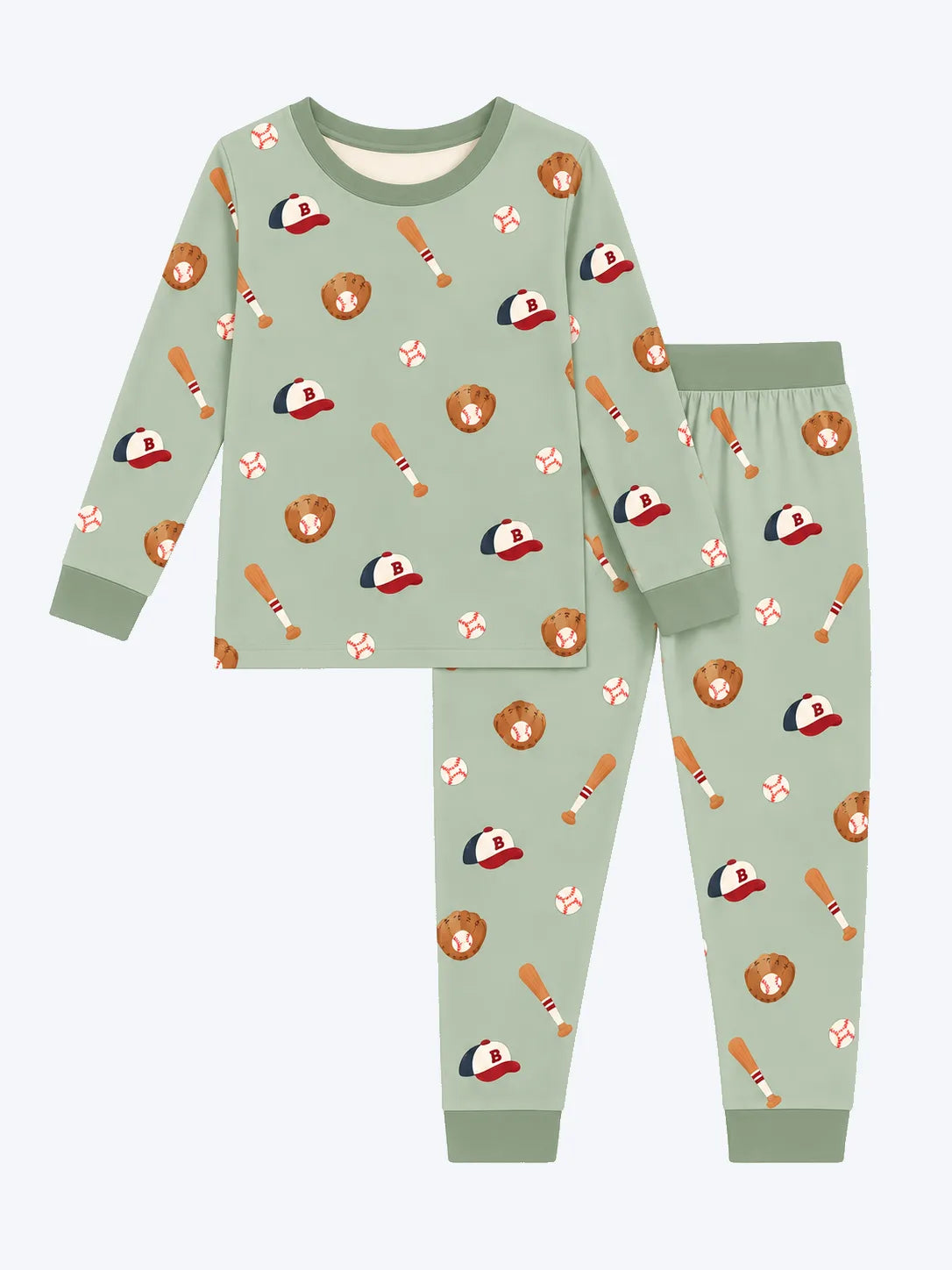 Mossibaby Little Sluggers sage green bamboo long sleeve pajama set with baseball print