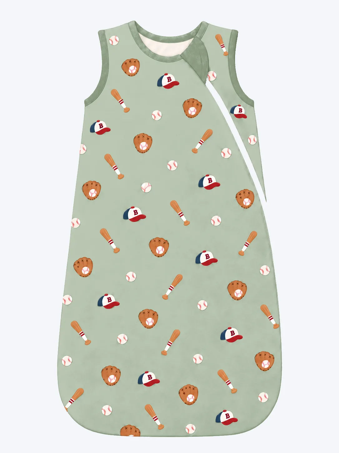 Mossibaby Little Sluggers sage green bamboo baby sleep sack with playful baseball print