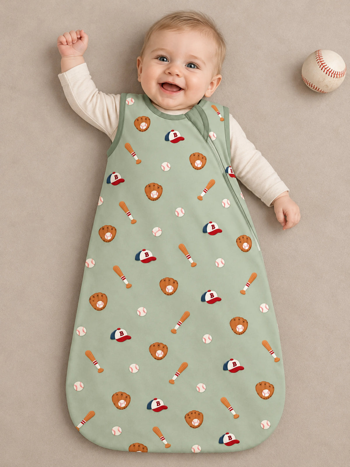 Baby wearing Little Sluggers sage green bamboo sleep sack in a studio