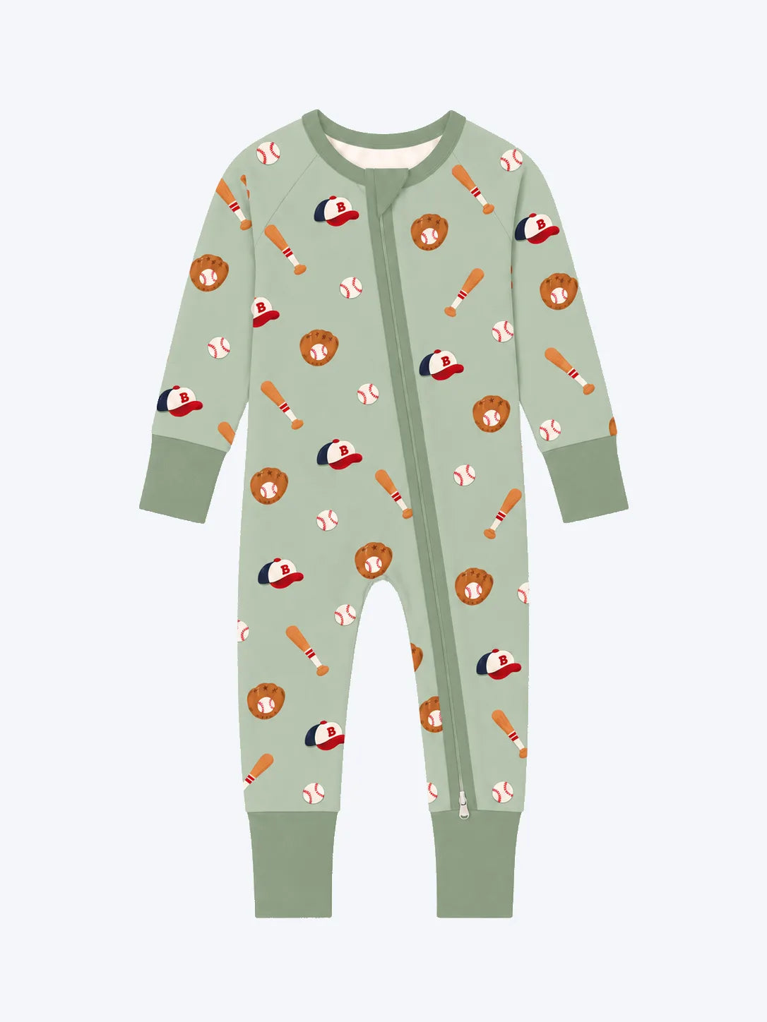 Mossibaby Little Sluggers sage green bamboo zipper romper with playful baseball print