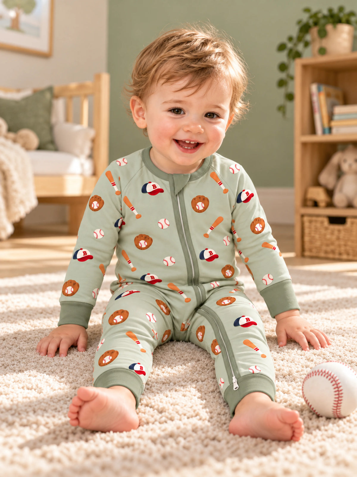 Baby relaxing at home in Mossibaby Little Sluggers sage green baseball romper