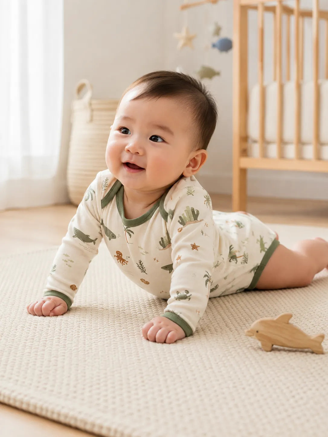 Baby playing comfortably in the Coastal Friends bamboo bodysuit