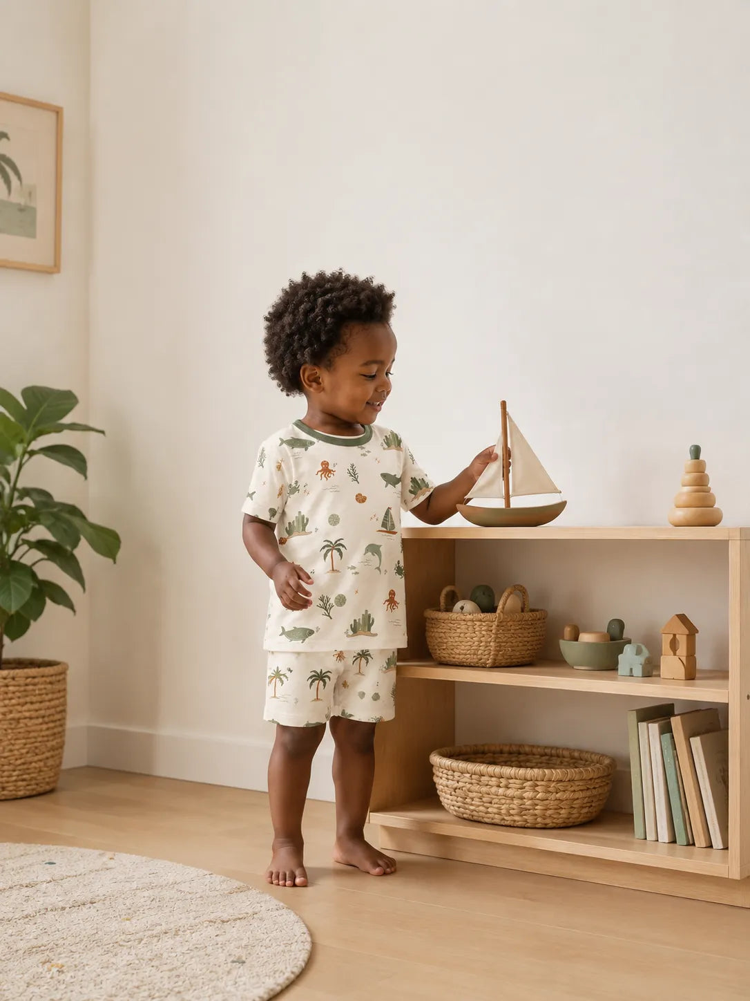 Child playing at home in Coastal Friends bamboo pajamas