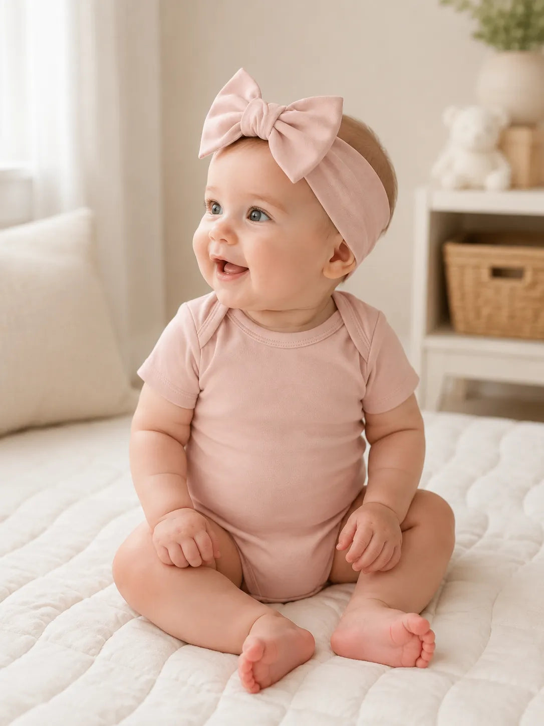Baby wearing Blush Pink bamboo bow headband in a lifestyle setting - MossiBaby
