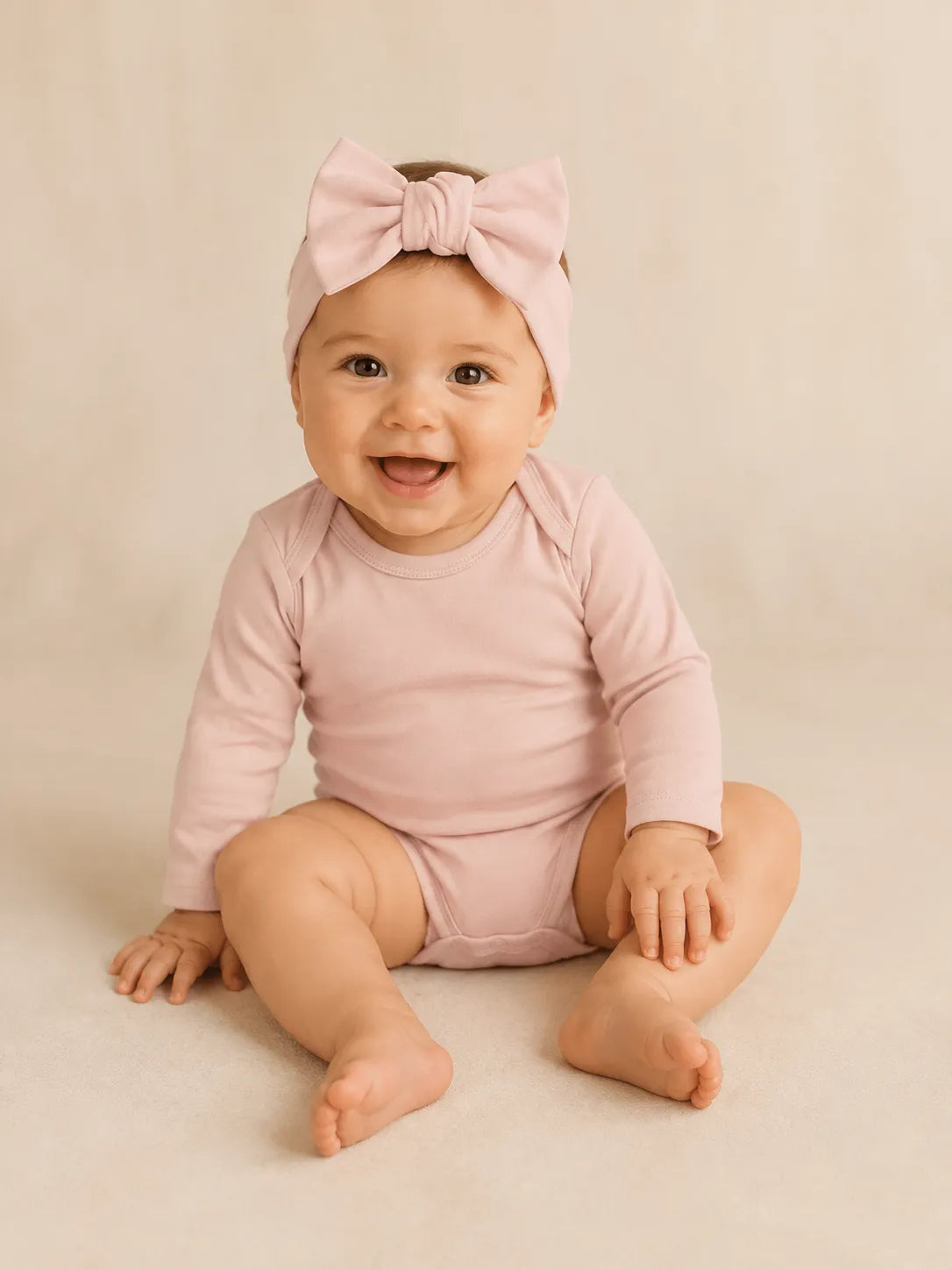 Baby wearing Blush Pink bamboo bow headband in studio - MossiBaby