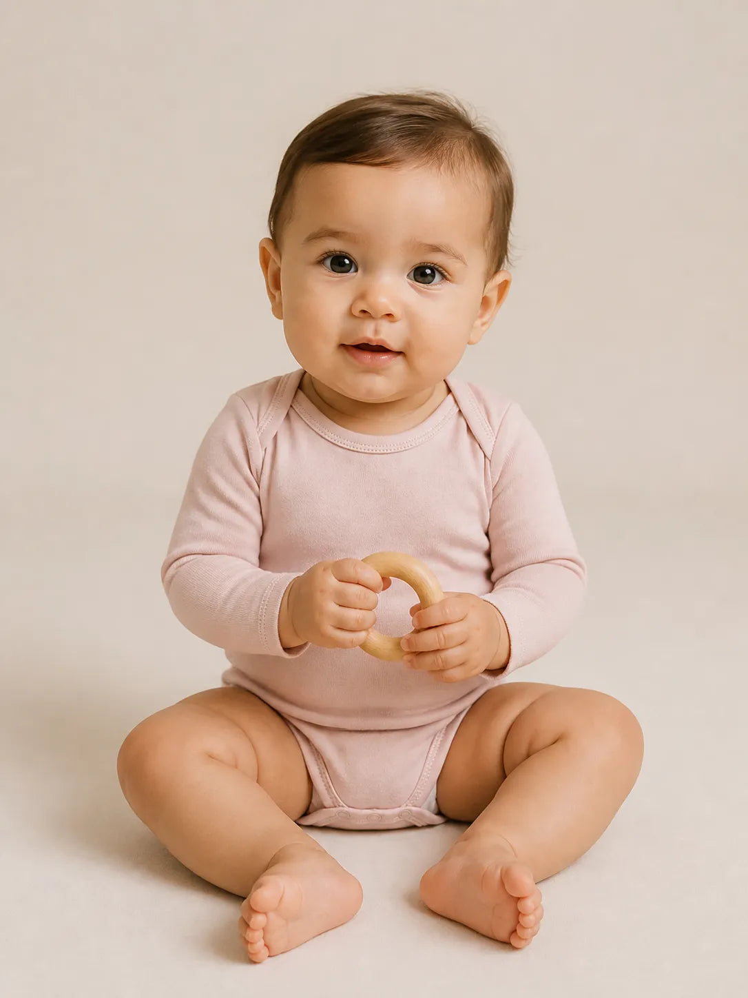 Baby wearing Blush Pink bamboo long sleeve bodysuit in studio - MossiBaby