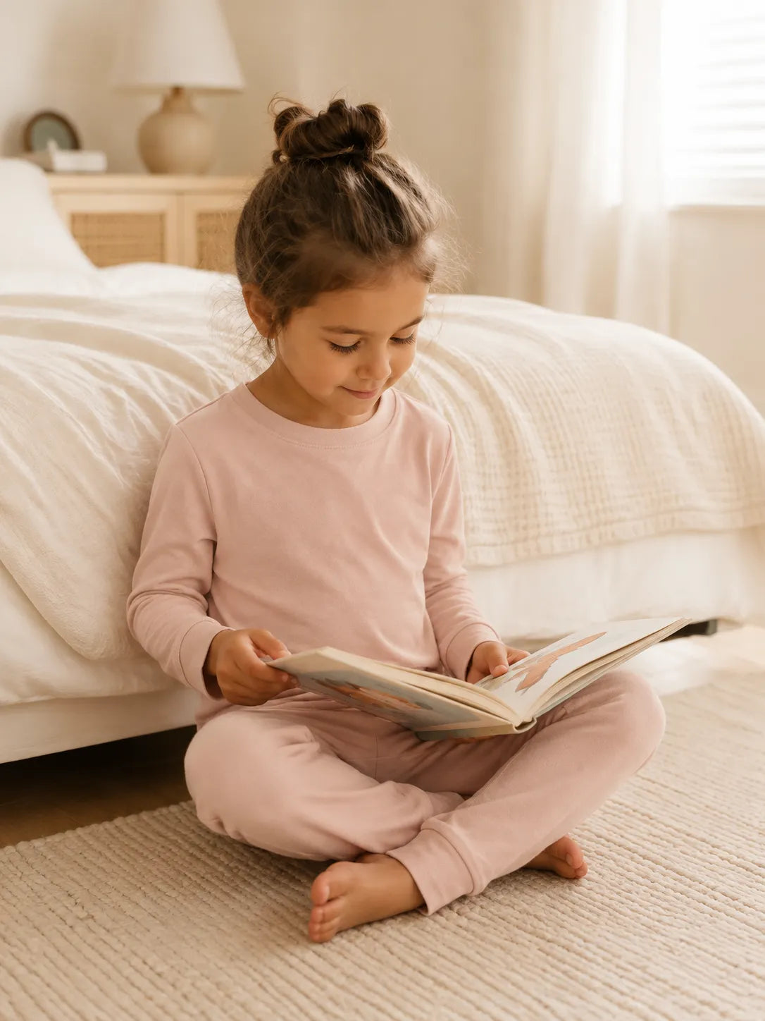 Child in Blush Pink bamboo long sleeve pajama set in a cozy lifestyle setting - MossiBaby