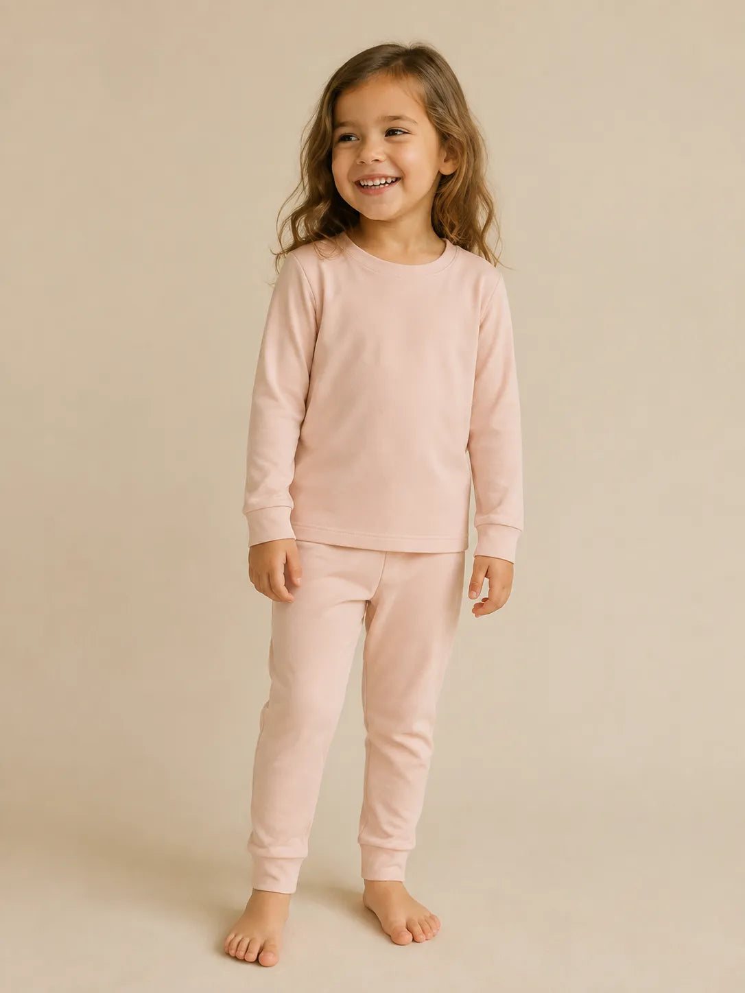 Child wearing Blush Pink bamboo long sleeve pajama set in studio - MossiBaby