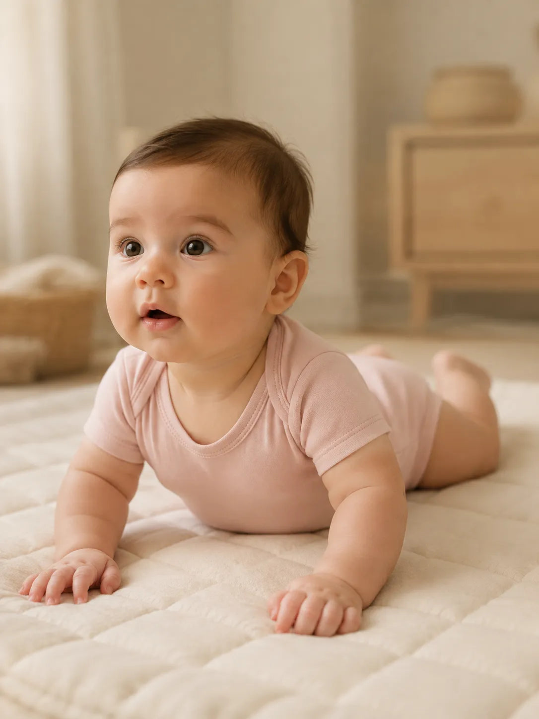 Baby in Blush Pink bamboo short sleeve bodysuit in an everyday lifestyle setting - MossiBaby