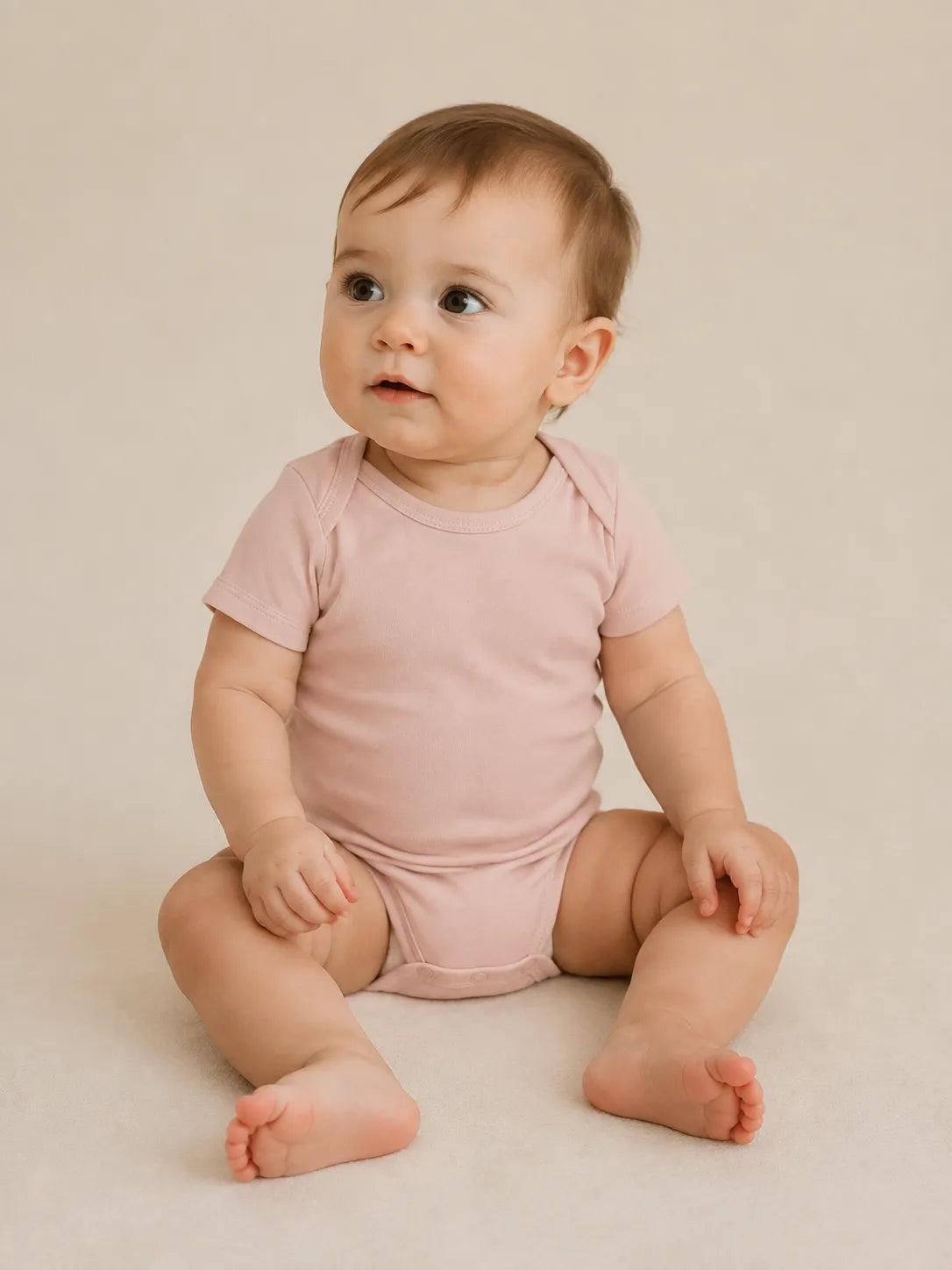 Baby wearing Blush Pink bamboo short sleeve bodysuit in studio - MossiBaby