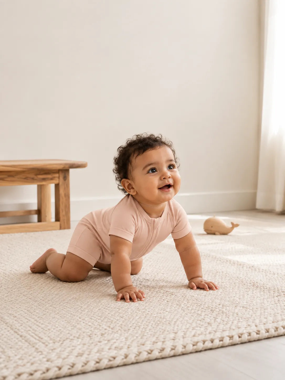 Baby in Blush Pink bamboo shorty romper in an everyday lifestyle setting - MossiBaby