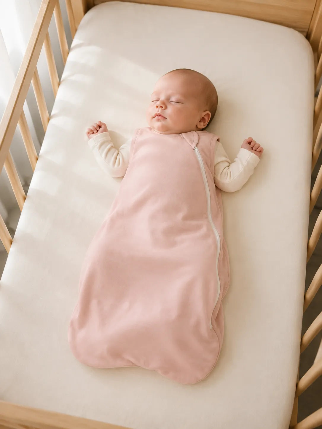 Baby in Blush Pink bamboo sleep bag in a cozy sleep setting - MossiBaby