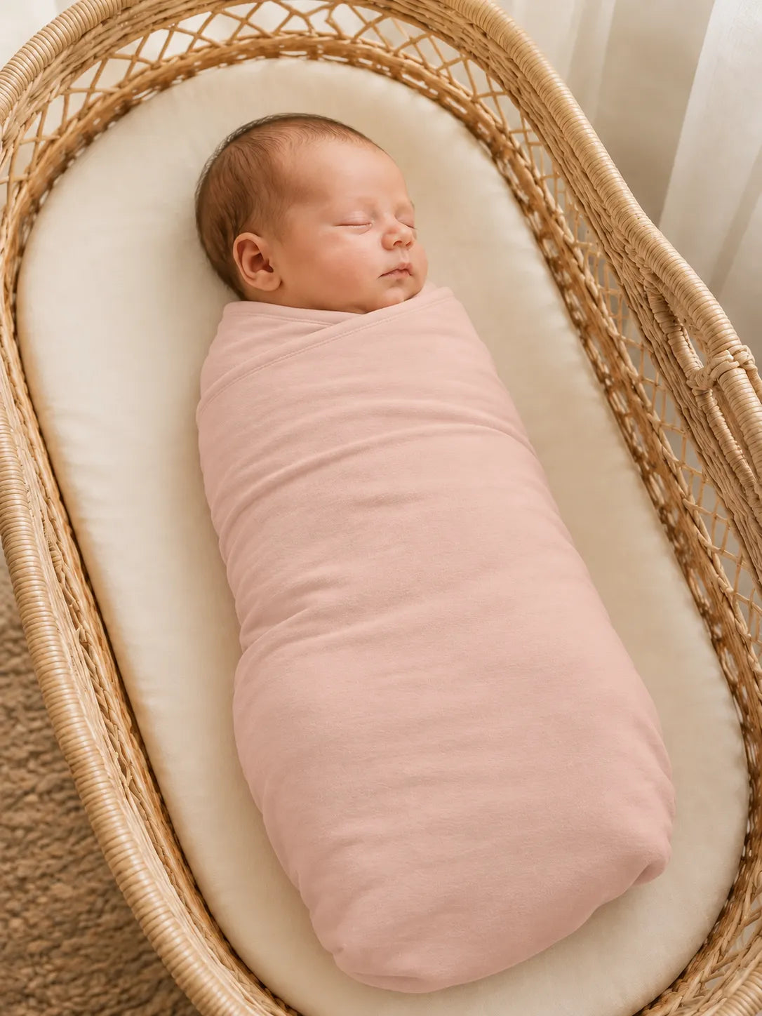 Baby wrapped in Blush Pink bamboo swaddle blanket in studio - MossiBaby
