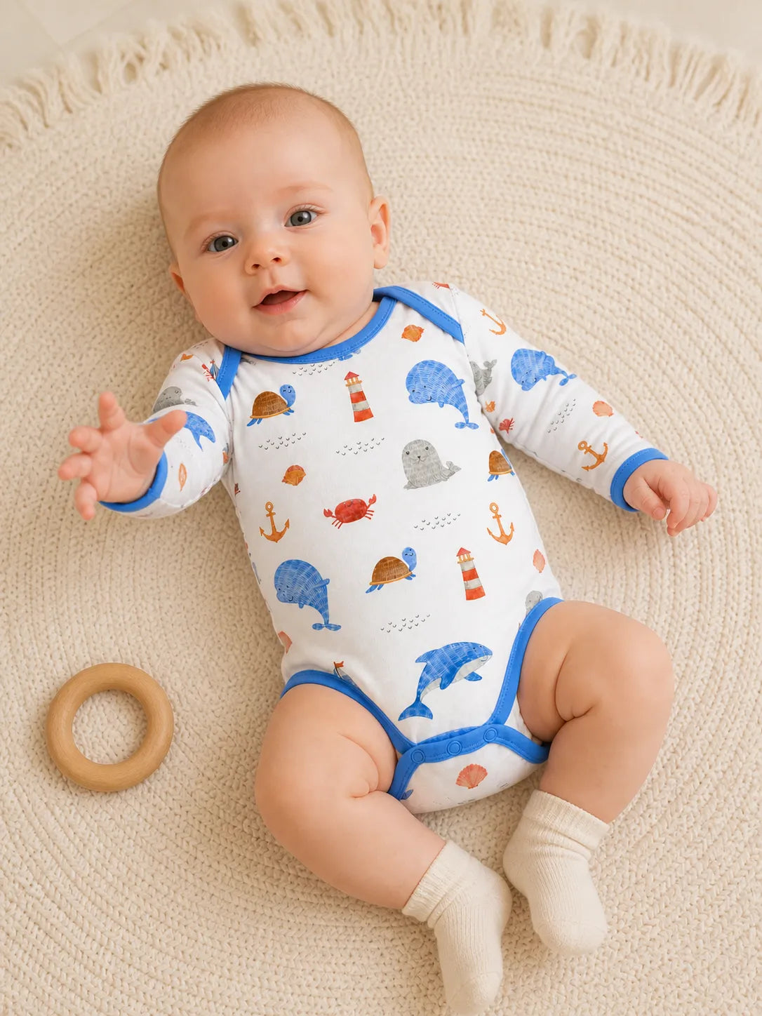 Baby playing comfortably in the Whale Harbor bamboo bodysuit