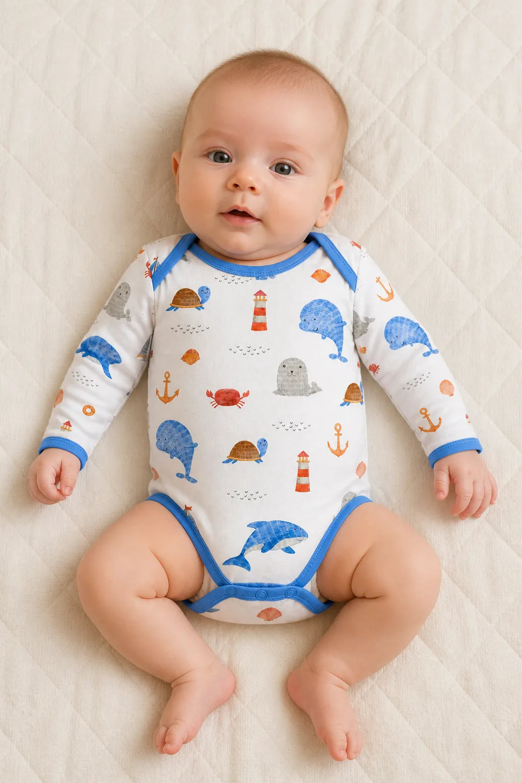 Baby wearing the Whale Harbor long sleeve bodysuit