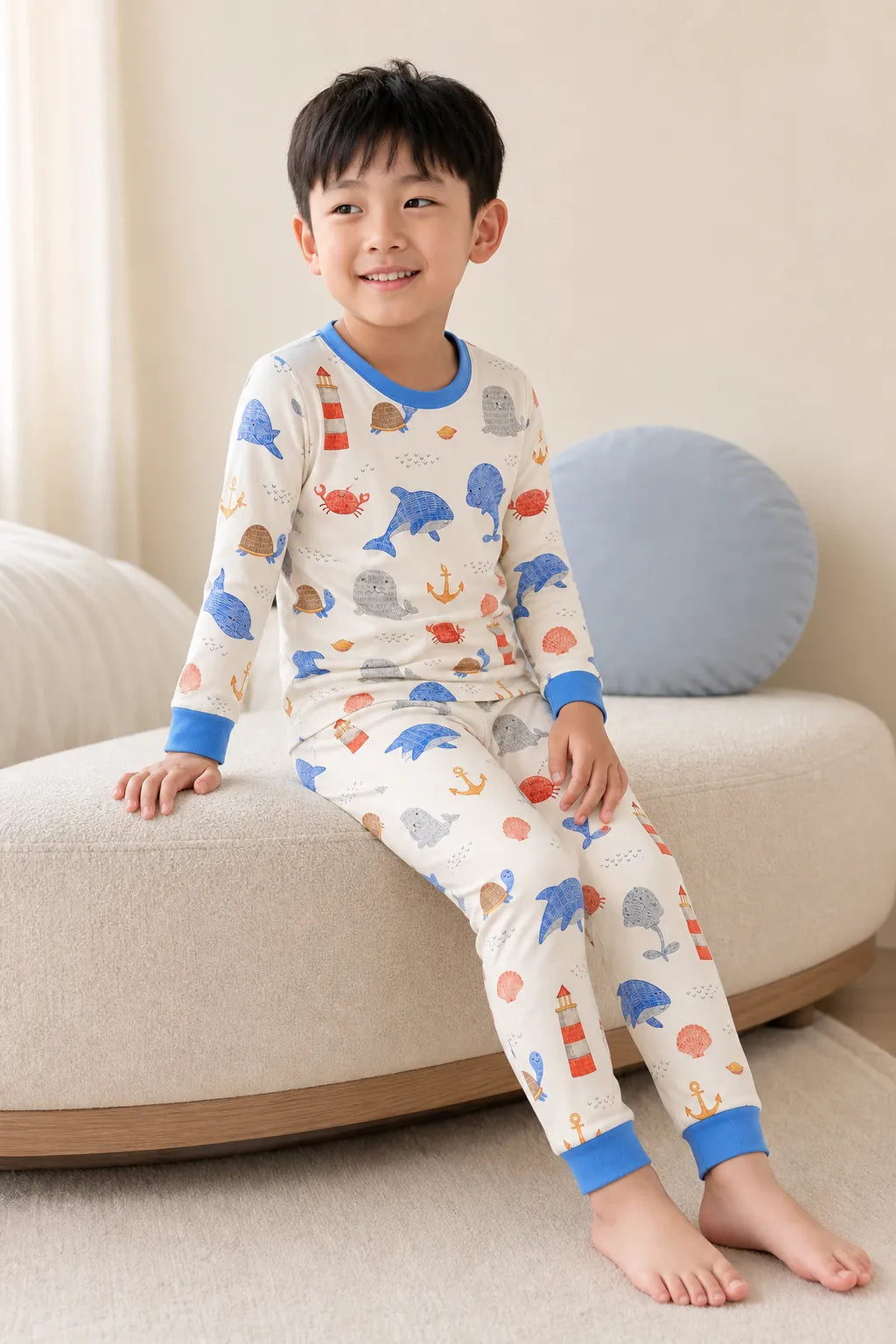 Child playing at home in Whale Harbor bamboo pajamas