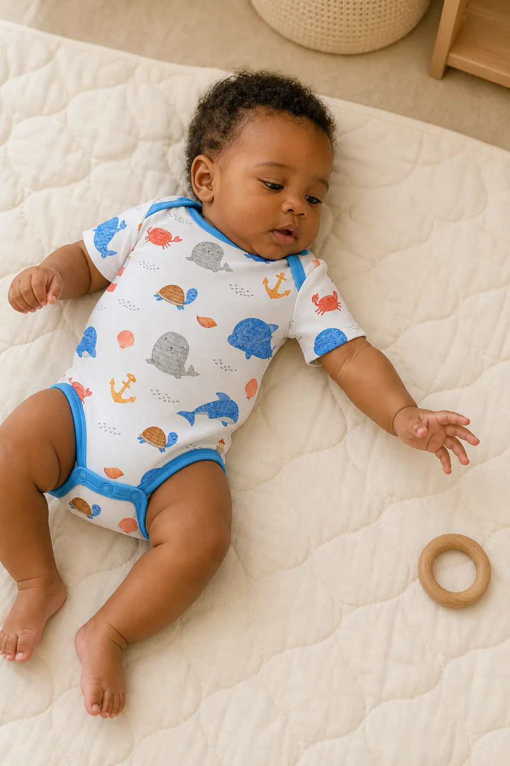 Baby playing comfortably in the Whale Harbor bamboo bodysuit