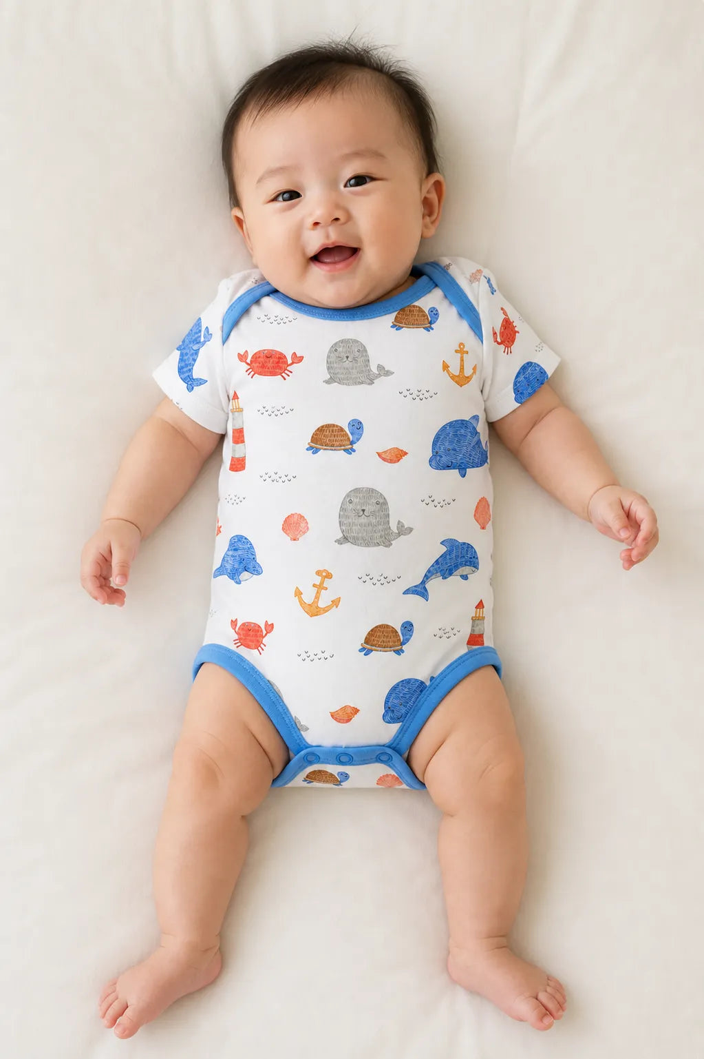 Baby wearing the Whale Harbor short sleeve bodysuit
