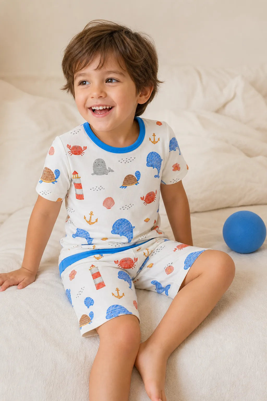 Child playing at home in Whale Harbor bamboo pajamas