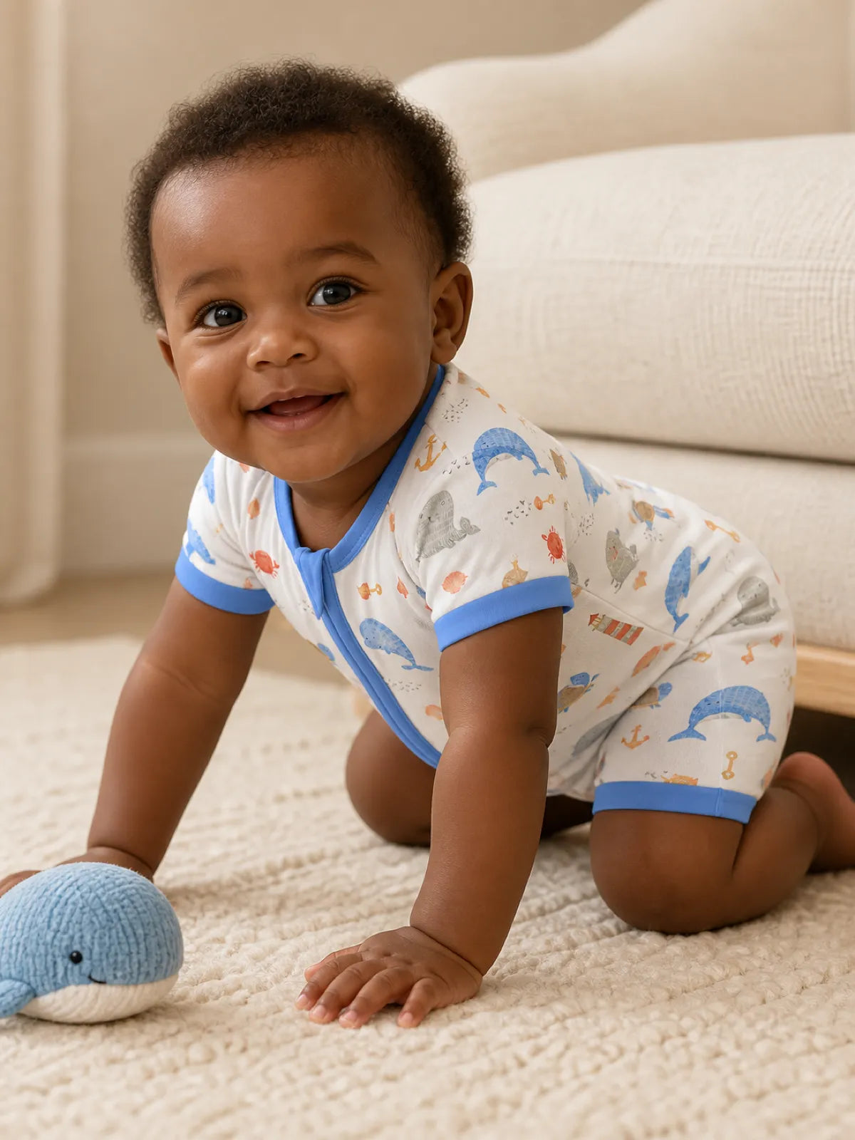 Baby playing at home in the Whale Harbor shorty romper