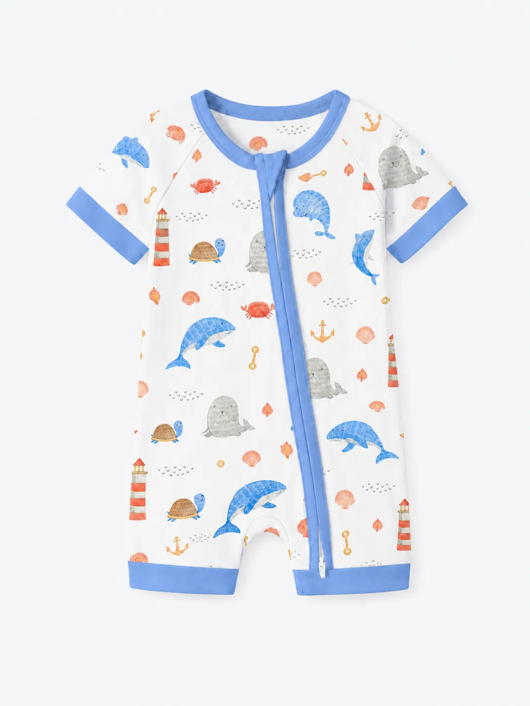 Whale Harbor bamboo shorty romper by MossiBaby