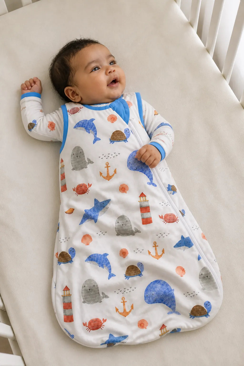 Baby resting comfortably in the Whale Harbor bamboo sleep bag