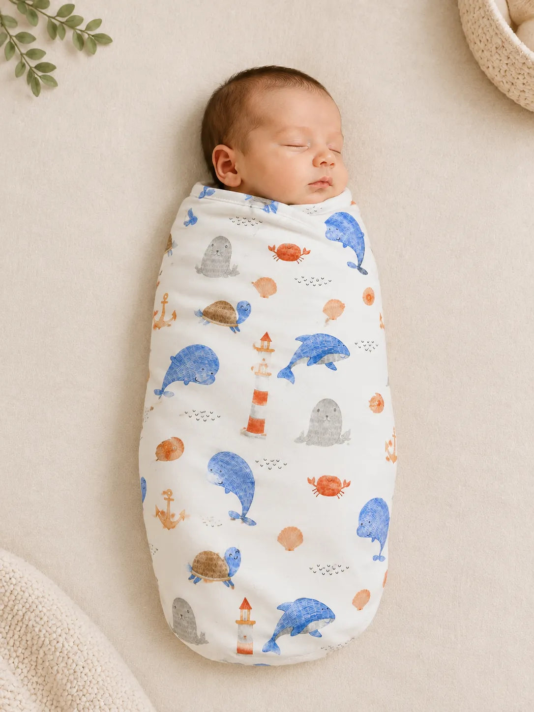 Baby wrapped in the Whale Harbor bamboo swaddle blanket
