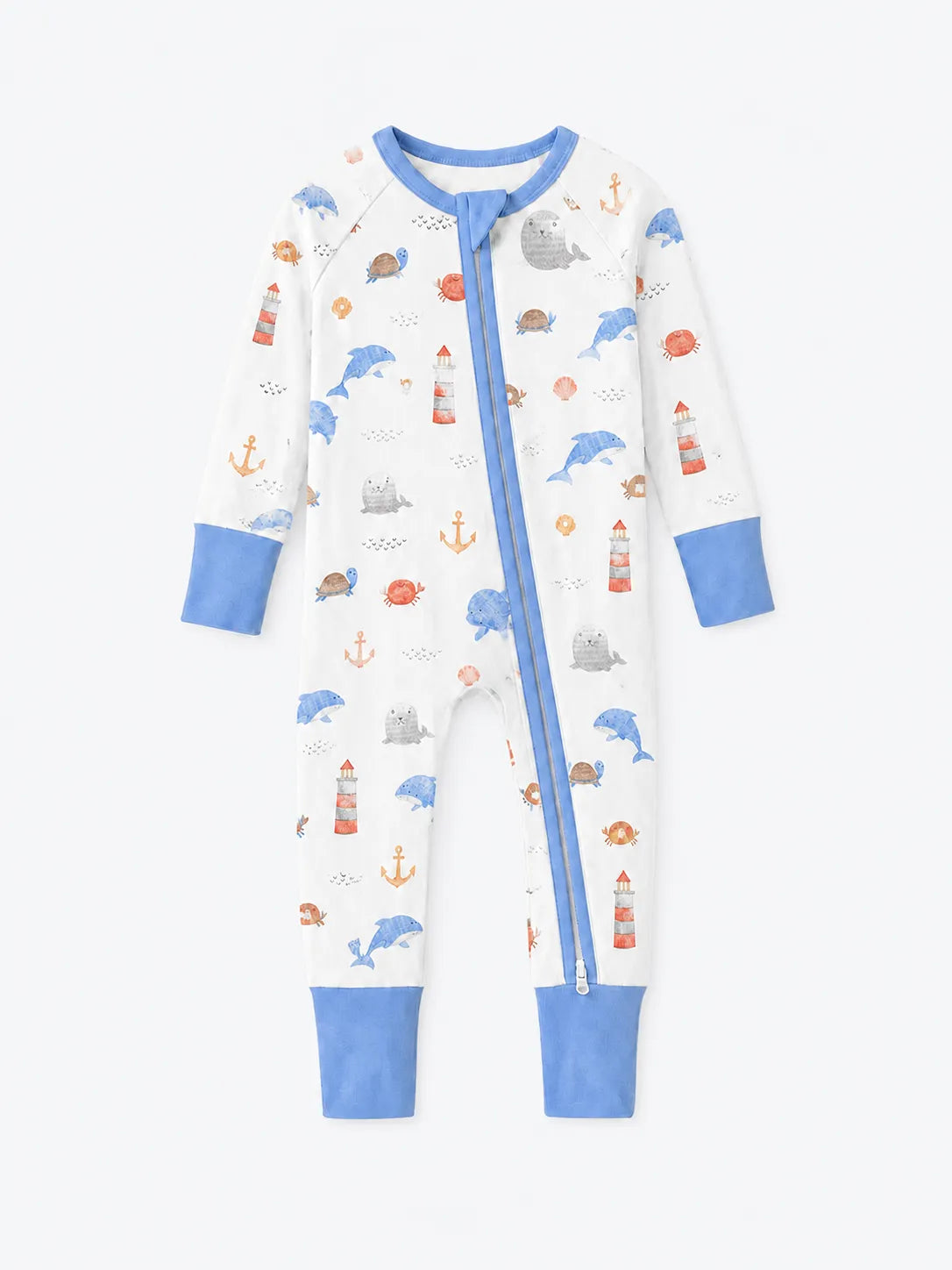 Whale Harbor bamboo zipper romper by MossiBaby