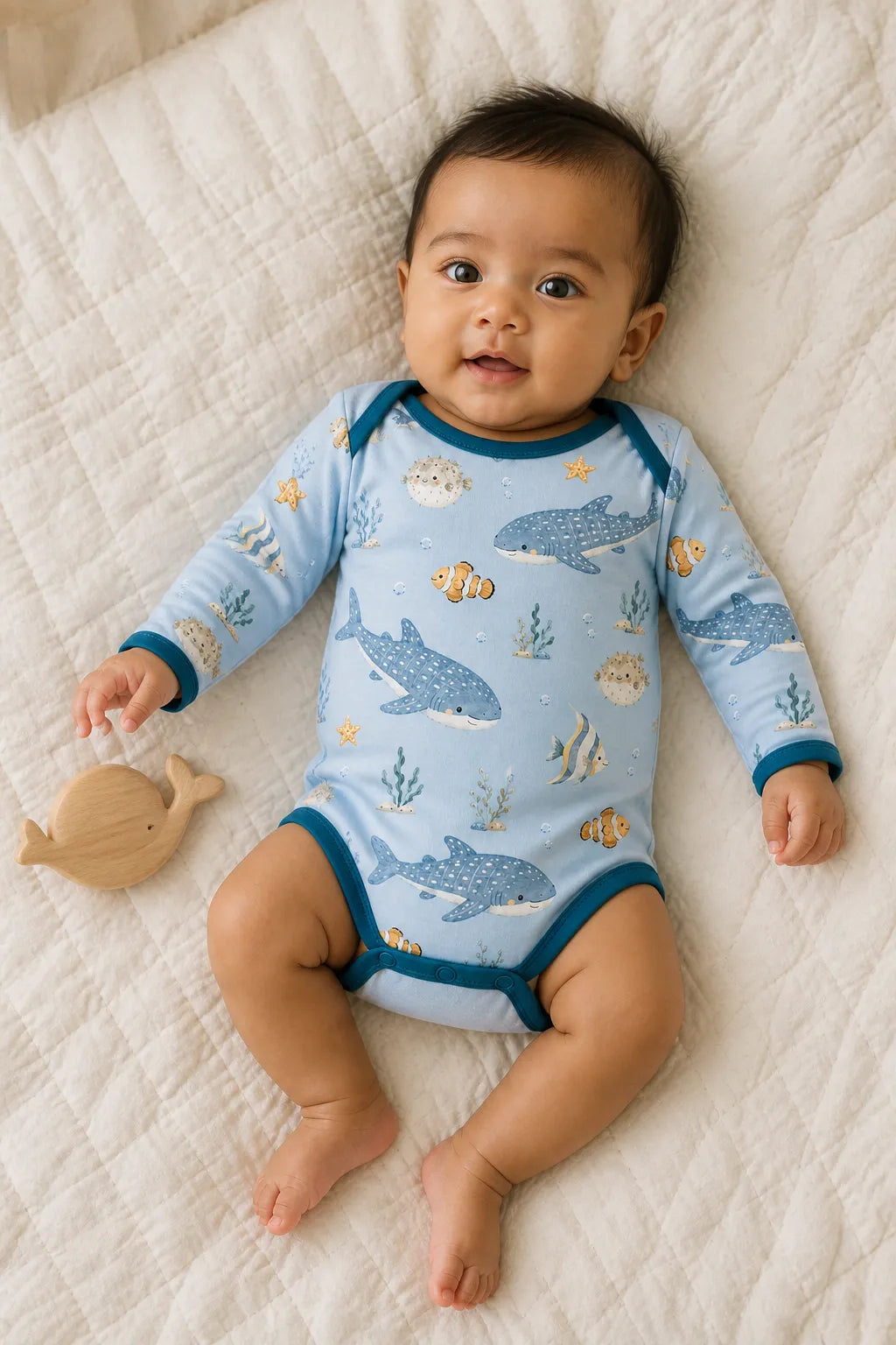 Baby wearing the Shark Cove long sleeve bodysuit
