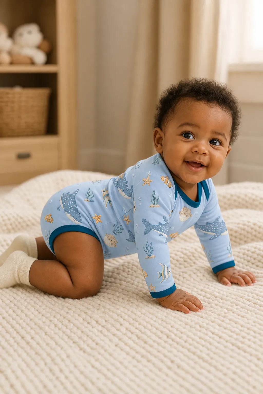 Baby playing comfortably in the Shark Cove bamboo bodysuit