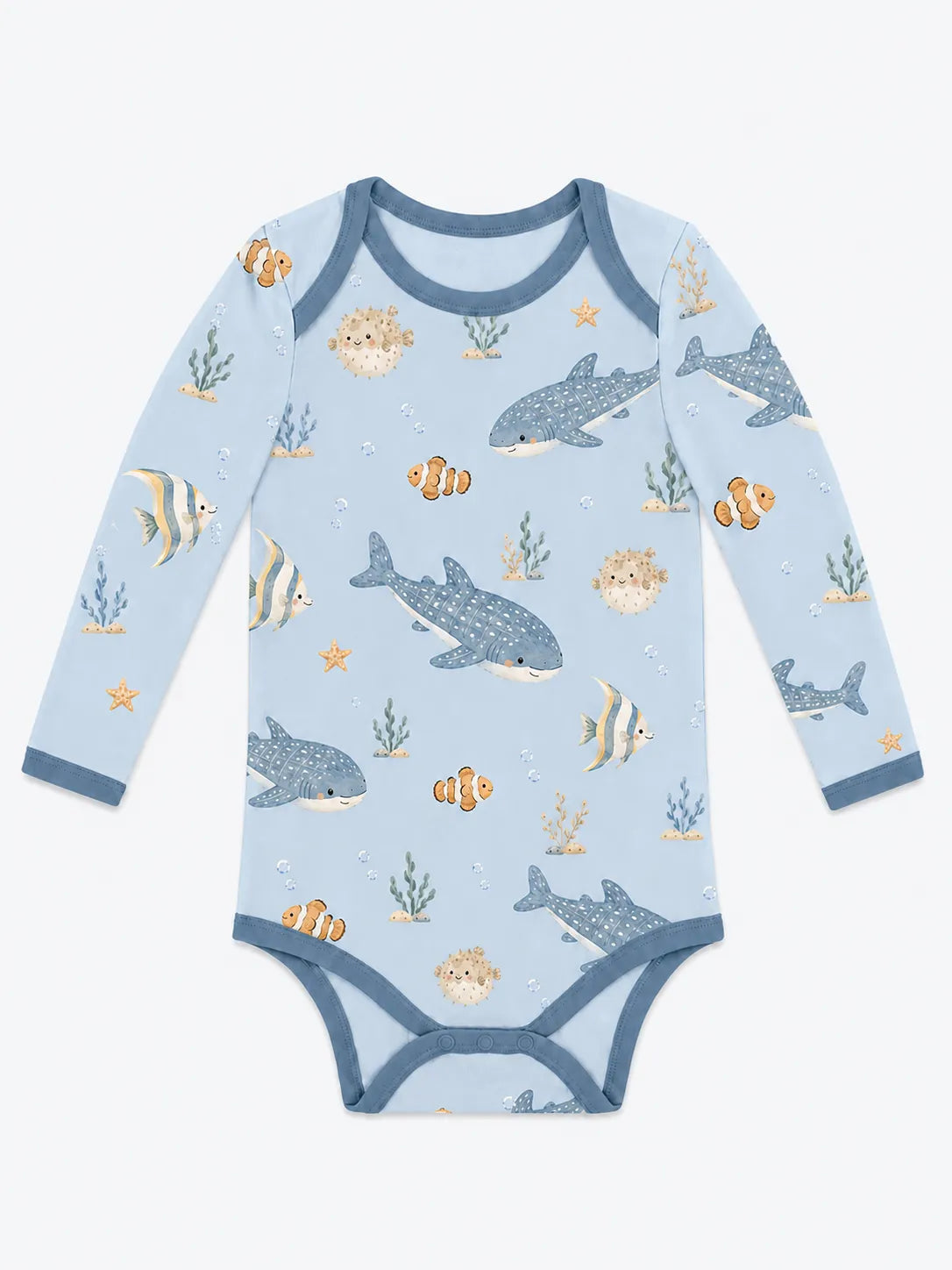 Shark Cove bamboo long sleeve bodysuit by MossiBaby
