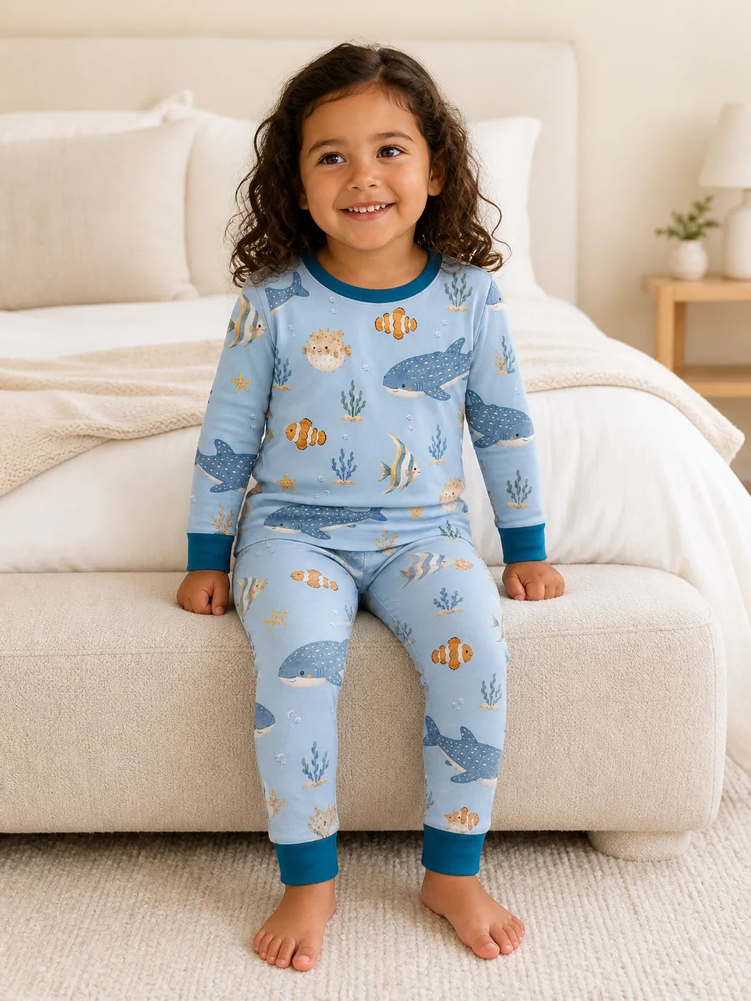Child playing at home in Shark Cove bamboo pajamas